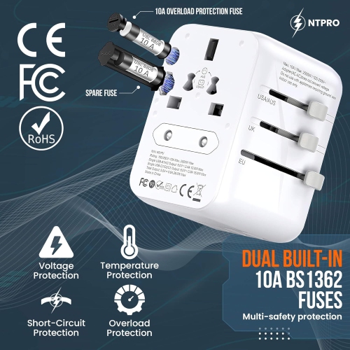 NTPRO Universal Travel Adapter – High Capacity 10A Fast Charging with 4USB 3A & 1C – International Plug for 160+ Countries, White