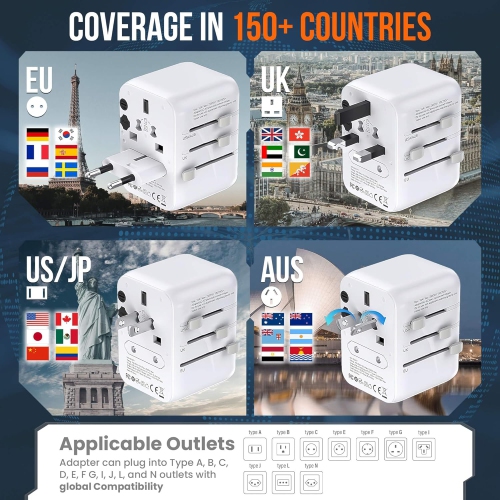 NTPRO Universal Travel Adapter – High Capacity 10A Fast Charging with 4USB 3A & 1C – International Plug for 160+ Countries, White
