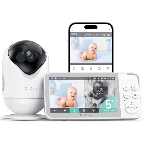 Interphone de surveillance intelligent Wi-Fi VistaView de Dr. Care – Écran divisé 1080p 5&nbsp;po, contrôle par application de caméra 2K, alertes de