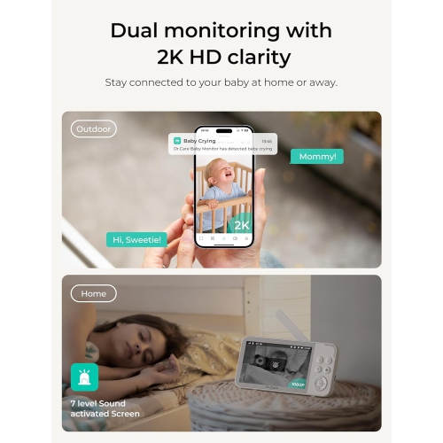 Interphone de surveillance intelligent Wi-Fi VistaView de Dr. Care – Écran divisé 1080p 5 po, contrôle par application de caméra 2K, alertes de