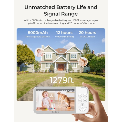 Interphone de surveillance intelligent Wi-Fi VistaView de Dr. Care – Écran divisé 1080p 5 po, contrôle par application de caméra 2K, alertes de