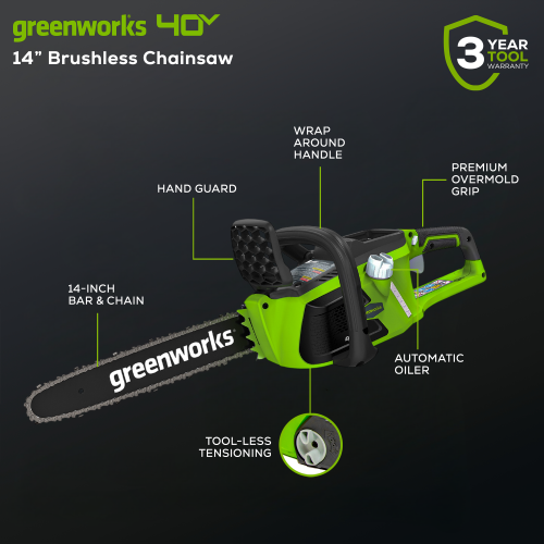 Greenworks 40V 14" Brushless Chainsaw, Battery and Charger Not Included