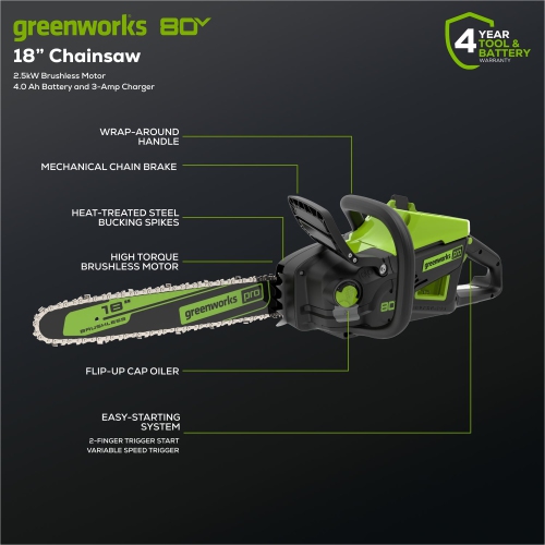 Greenworks Pro 80V 18" Brushless Chainsaw, Battery and Charger Not Included