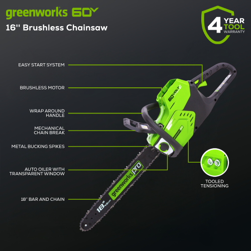 Greenworks 60V 16" Brushless Chainsaw, Battery and Charger Not Included
