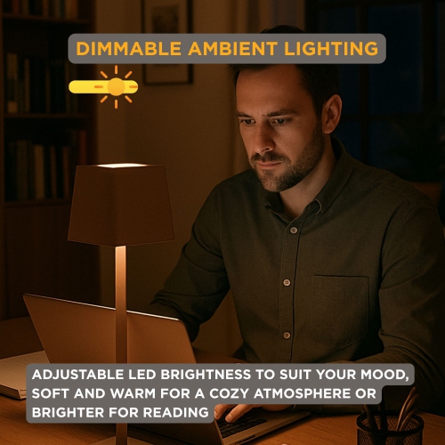 Abbott Square Shade LED Table Lamp, Rechargeable Cordless Light, Warm Glow Accent for Desk, Nightstand, or Living Room, 15", Brown