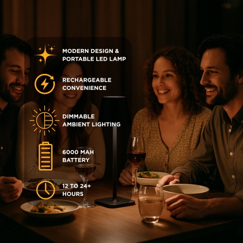 Abbott Square Shade LED Table Lamp, Rechargeable Cordless Light, Warm Glow Accent for Desk, Nightstand, or Living Room, 15", Matte Black