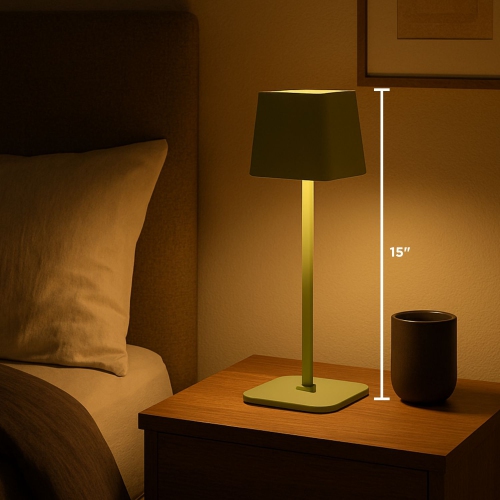 Abbott Square Shade LED Table Lamp, Rechargeable Cordless Light, Warm Glow Accent for Desk, Nightstand, or Living Room, 15", Spring Green