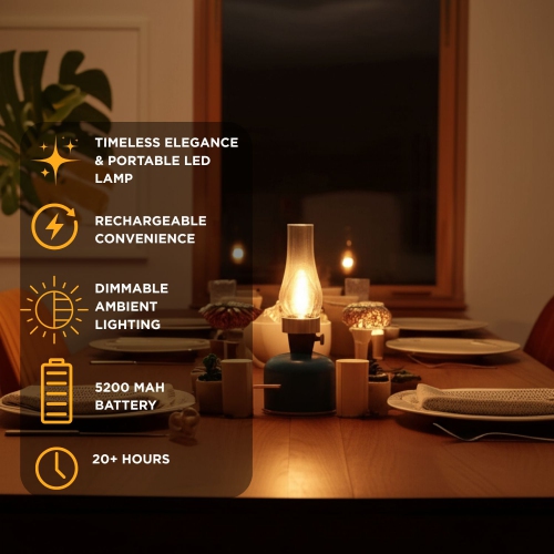 Abbott Lantern LED Table Lamp with Chimney, Rechargeable with USB Powered, Dimmable Lamp with Edison-Style Bulb, Indoor/Outdoor Vintage Accent Light