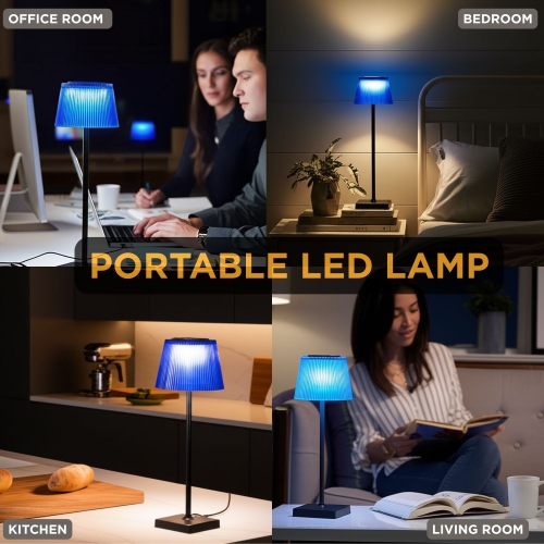 Abbott Fluted Shade LED Table Lamp, Rechargeable IP54 Waterproof Light, Modern Accent Lighting for Patio, Garden Outdoor or Indoors 15, Blue