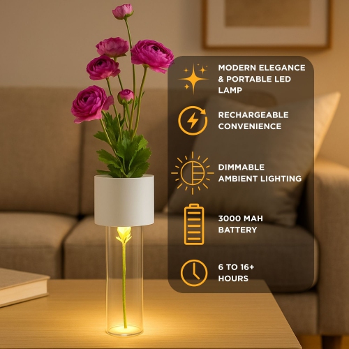 Abbott LED Vase Table Lamp, Rechargeable Dimmable Light, Touch Control with 3 Brightness Levels, Modern 2-in-1 Vase and Ambient Light for Home Décor,