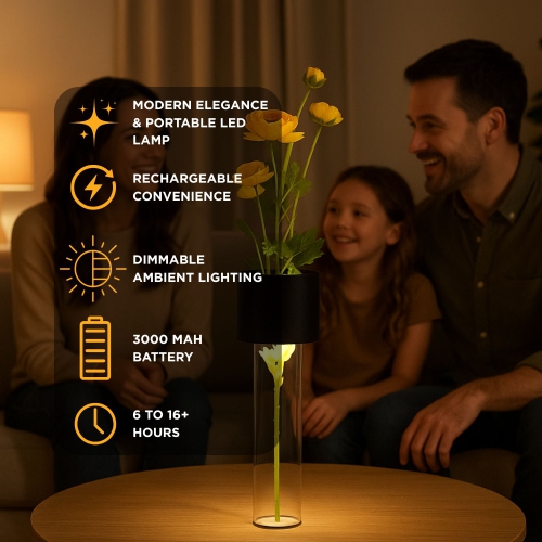 Abbott LED Vase Table Lamp, Rechargeable Dimmable Light, Touch Control with 3 Brightness Levels, Modern 2-in-1 Vase and Ambient Light for Home Décor,