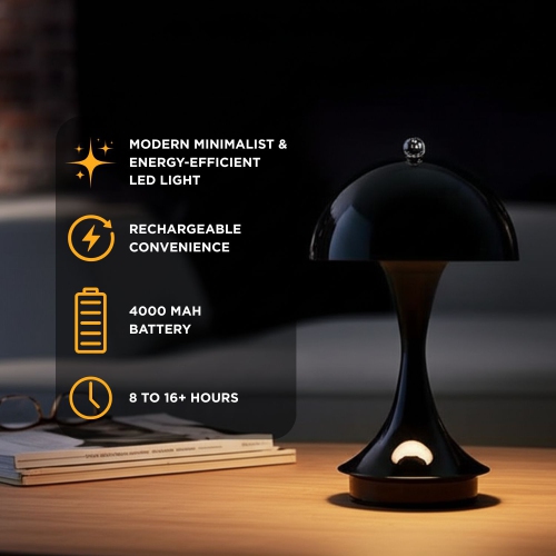 Abbott Trilite Dome Shade LED Lamp, Modern Rechargeable Table Lamp with USB Powered, Mushroom Design for Bedroom, Living Room, or Reading Nook, 10",