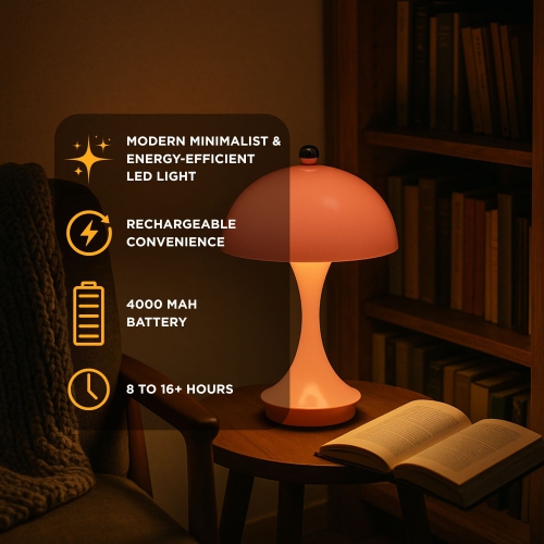 Abbott Trilite Dome Shade LED Lamp, Modern Rechargeable Table Lamp with USB Powered, Mushroom Design for Bedroom, Living Room, or Reading Nook, 10",