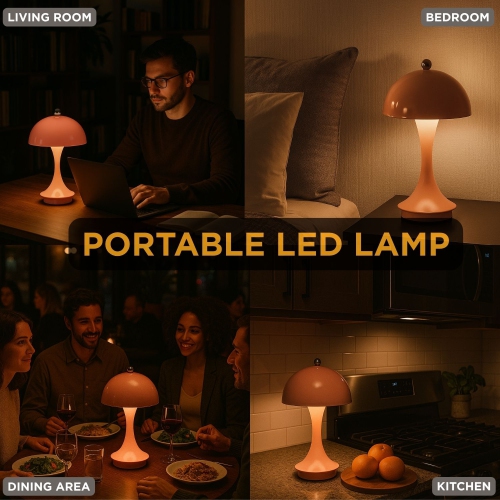 Abbott Trilite Dome Shade LED Lamp, Modern Rechargeable Table Lamp with USB Powered, Mushroom Design for Bedroom, Living Room, or Reading Nook, 10",