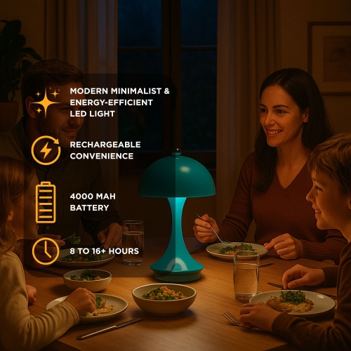 Abbott Trilite Dome Shade LED Lamp, Modern Rechargeable Table Lamp with USB Powered, Mushroom Design for Bedroom, Living Room, or Reading Nook, 10",