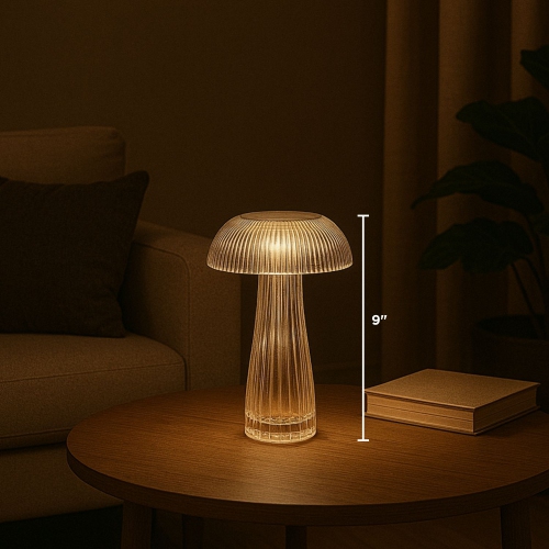 Abbott Rib Mushroom LED Table Lamp – 9" Rechargeable Dimmable Light with Touch Control, Acrylic Shade – Modern USB-Powered Accent for Desk or