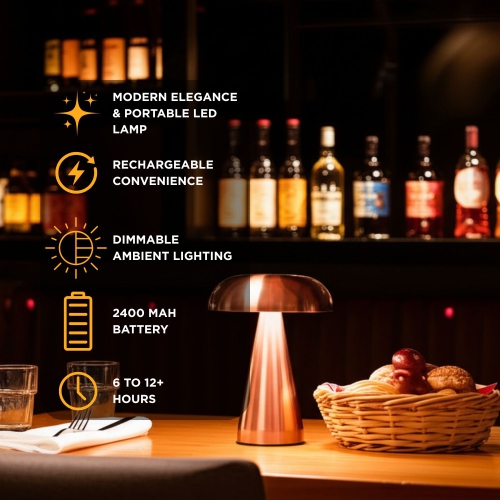 Abbott Trilite Metallic Mushroom LED Table Lamp, Rechargeable Touch Light, Dimmable with USB Charging, Modern Accent for Desk or Nightstand, 8",