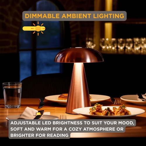 Abbott Trilite Metallic Mushroom LED Table Lamp, Rechargeable Touch Light, Dimmable with USB Charging, Modern Accent for Desk or Nightstand, 8",