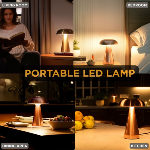 Abbott Trilite Metallic Mushroom LED Table Lamp, Rechargeable Touch Light, Dimmable with USB Charging, Modern Accent for Desk or Nightstand, 8",