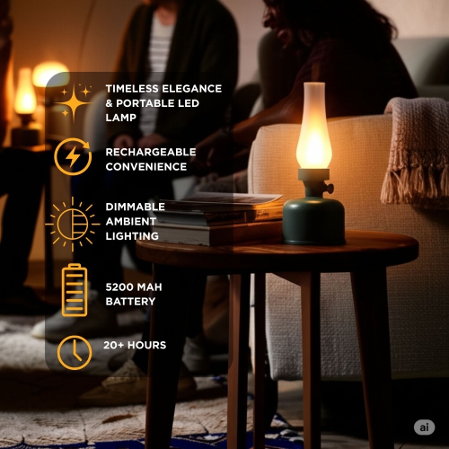 Abbott Lantern LED Table Lamp with Lustre Glass Chimney|10.5" Rechargeable Vintage-Style Light, Dimmable Edison Bulb|Indoor/Outdoor Accent Lighting,