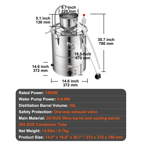 VEVOR 9 Gal 30L Water Alcohol Distiller,Home Distillery Kit include Stainless Steel Tube & Pump & One-way Exhaust Valve & Thermometer for DIY Whisky