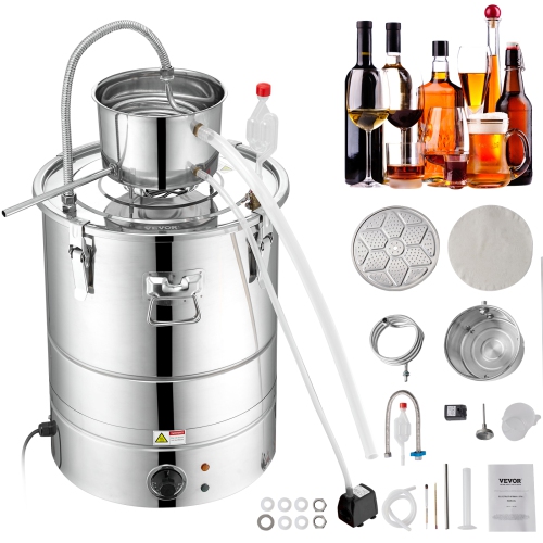 VEVOR 15 Gal 50L Water Alcohol Distiller,Home Distillery Kit include Stainless Steel Tube & Pump & One-way Exhaust Valve & Thermometer for DIY Whisky