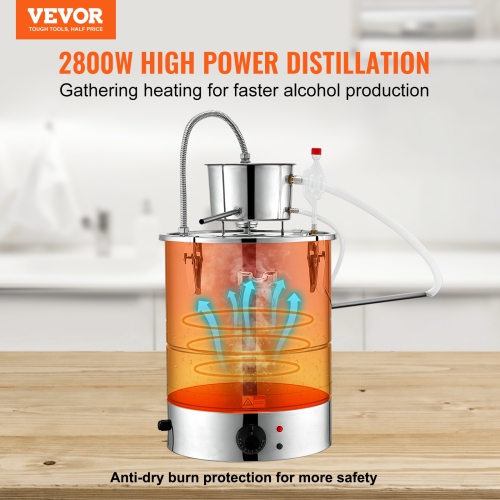 VEVOR 15 Gal 50L Water Alcohol Distiller,Home Distillery Kit include Stainless Steel Tube & Pump & One-way Exhaust Valve & Thermometer for DIY Whisky