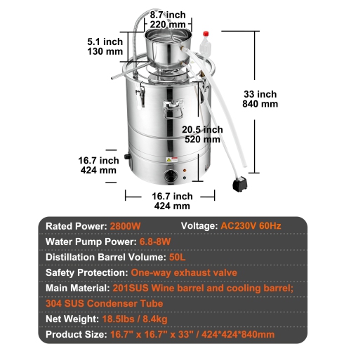 VEVOR 15 Gal 50L Water Alcohol Distiller,Home Distillery Kit include Stainless Steel Tube & Pump & One-way Exhaust Valve & Thermometer for DIY Whisky