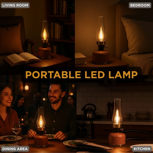 Lampe de table Abbott LED avec cheminée, rechargeable par USB, lampe à intensité réglable avec ampoule de style Edison, lampe d'appoint rétro
