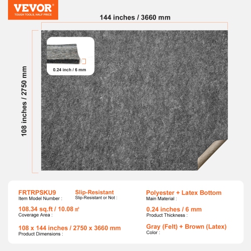 VEVOR 9' x 12', 1/4"Thick Slip-Resistant Rug Pad, Protective Cushioning Carpet Pad, Dual Surface - Polyester Felt + Latex, Gray, 10-11㎡ Area Carpet