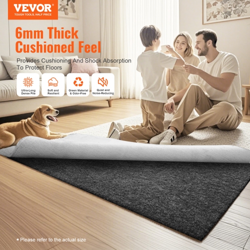 VEVOR 8' x 10' Slip-Resistant Rug Pad, Protective Cushioning Carpet Pad, 1/4"Thick, Dual Surface, Polyester Felt + Latex, Gray, 7-8㎡ Area Carpet