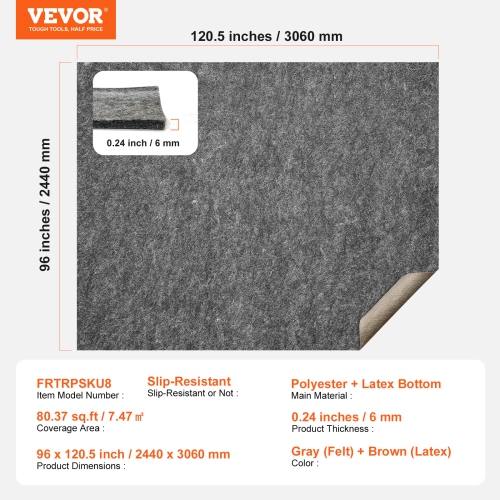 VEVOR 8' x 10' Slip-Resistant Rug Pad, Protective Cushioning Carpet Pad, 1/4"Thick, Dual Surface, Polyester Felt + Latex, Gray, 7-8㎡ Area Carpet