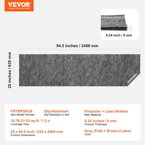 VEVOR 2'x8' Protective Cushioning Carpet Pad, - 1/4"Thick - Dual Surface - Polyester Felt + Latex, 1-2㎡ Area Carpet Padding Rug Cushion Safe for All
