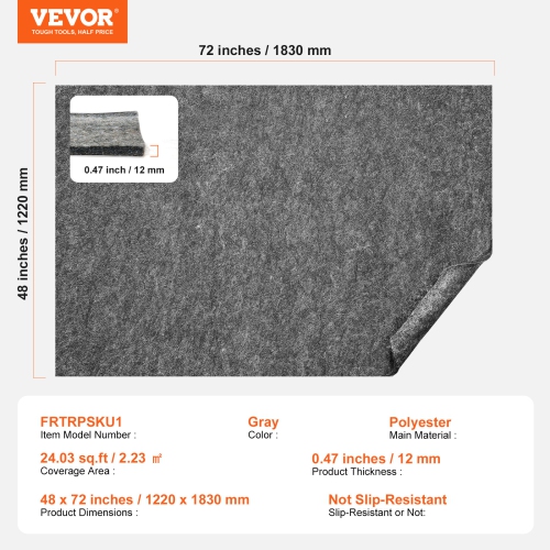 VEVOR 2'x8' Protective Cushioning Carpet Pad, 7.875' Actual, 1/4"Thick, Dual Surface, Polyester Felt + Latex, 1-2㎡ Area Carpet Padding Rug Cushion