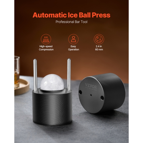 VEVOR 2.4"/60 mm Aviation Aluminum Ice Ball Press with Ice Block Mold, Large Mat,Tong,Drip Tray,One Glass,Round Ice Ball Maker Ice Sphere, for