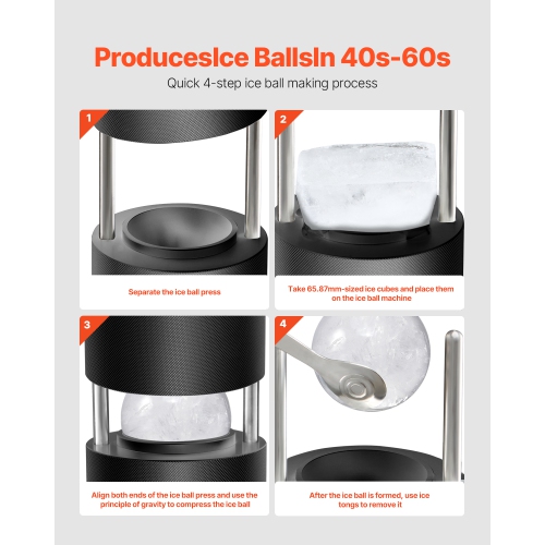 VEVOR 2.4"/60 mm Aviation Aluminum Ice Ball Press with Ice Block Mold, Large Mat,Tong,Drip Tray,One Glass,Round Ice Ball Maker Ice Sphere, for