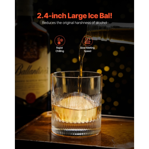 VEVOR 2.4"/60 mm Aviation Aluminum Ice Ball Press with Ice Block Mold, Large Mat,Tong,Drip Tray,One Glass,Round Ice Ball Maker Ice Sphere, for