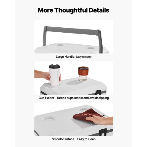 VEVOR 38 QT Hard Cooler with Ice Retention, Heavy-Duty Handles and Cup Holder, Lightweight Rigid Material Insulated Portable Cooler, Suitable for