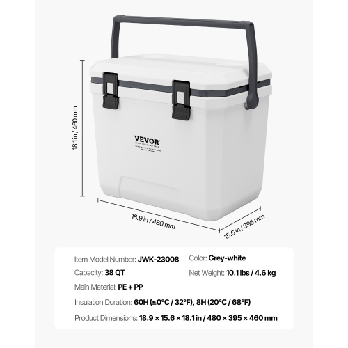 VEVOR 38 QT Hard Cooler with Ice Retention, Heavy-Duty Handles and Cup Holder, Lightweight Rigid Material Insulated Portable Cooler, Suitable for