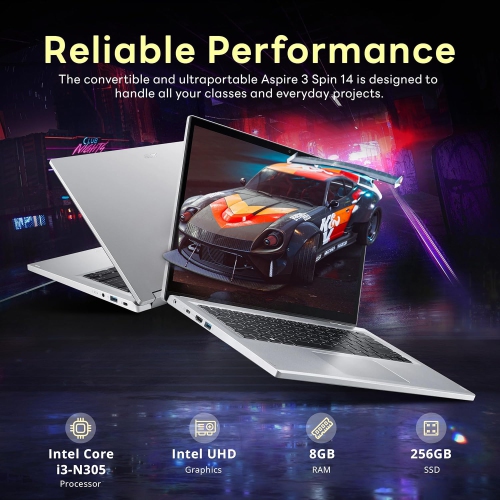 Refurbished - Acer Aspire 3 Spin 14" 2-in-1 Laptop, WUXGA IPS Touchscreen, Intel i3-N305, 8GB LPDDR5x, 256GB SSD, Intel UHD Graphics, Wi-Fi 6,