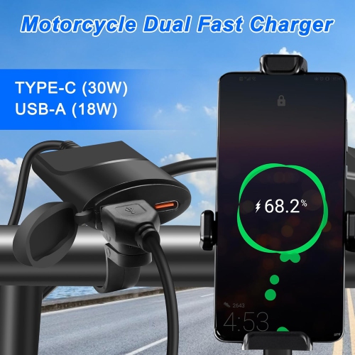 Chargeur de téléphone USB pour moto 12&nbsp;V-24&nbsp;V, USB QC3.0 de 18 W + 30WP D type C chargeur de guidon de moto chargement rapide avec