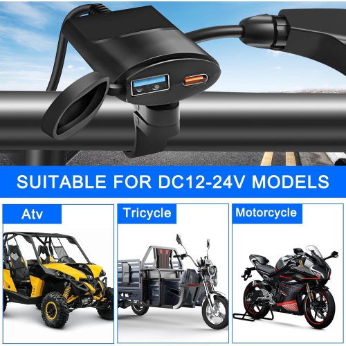 Chargeur de téléphone USB pour moto 12&nbsp;V-24&nbsp;V, USB QC3.0 de 18 W + 30WP D type C chargeur de guidon de moto chargement rapide avec