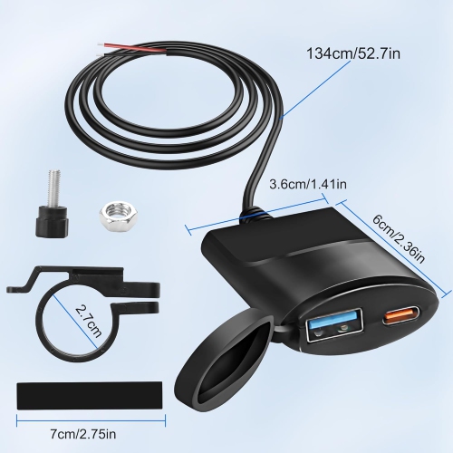 Chargeur de téléphone USB pour moto 12&nbsp;V-24&nbsp;V, USB QC3.0 de 18 W + 30WP D type C chargeur de guidon de moto chargement rapide avec