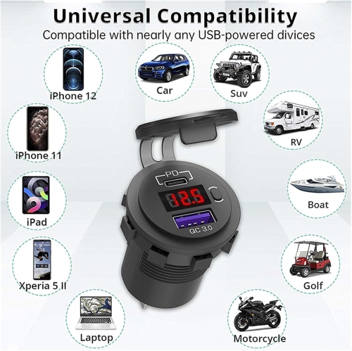 Recharge rapide PD USB Type C Chargeur de moto Prise 12&nbsp;V/24&nbsp;V QC3.0 Prise d'alimentation avec commutateur de voltmètre LED Charge rapide