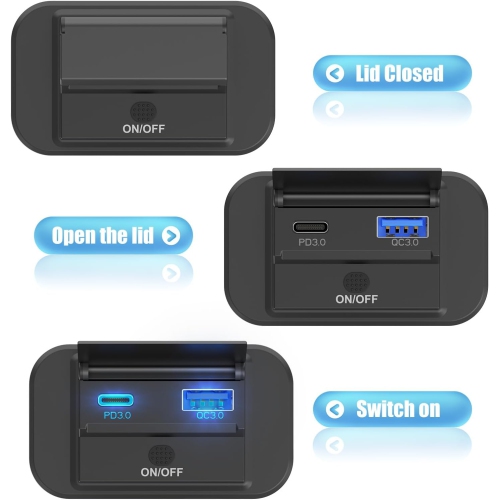 12V USB Outlet Surface Mount Lightweight PD USB C 30W and QC 3.0 18W USB 12 V USB Cigarette Lighter Replacement Charger Socket Panel with Button
