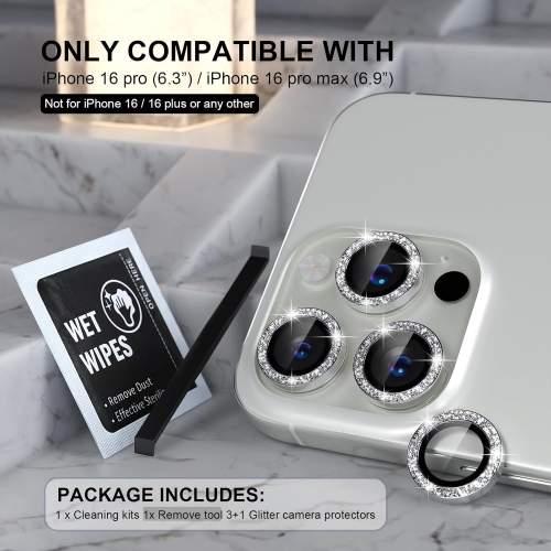Pour iPhone 16 Pro | 16 Pro Max - Triple protecteur de lentille d'appareil photo indépendant - Hawkeye scintillant [Argent]