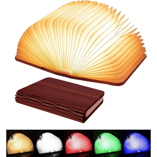 LED hanging folding lantern, wood paper lamp, USB charging 2 in 1 hanging skylight origami lampshade; white pleated paper small book shovel wood book