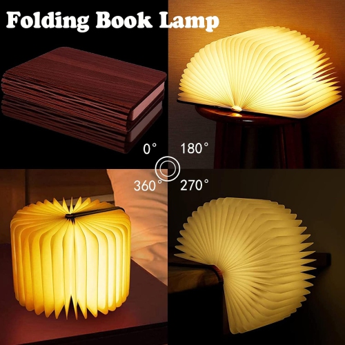LED hanging folding lantern, wood paper lamp, USB charging 2 in 1 hanging skylight origami lampshade; white pleated paper small book shovel wood book