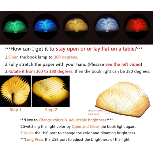 LED hanging folding lantern, wood paper lamp, USB charging 2 in 1 hanging skylight origami lampshade; white pleated paper small book shovel wood book