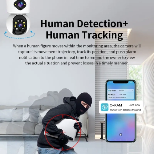 3K ultra-clear PTZ camera|360° panoramic view|15m night vision|two-way voice|AI detection|three-way installation